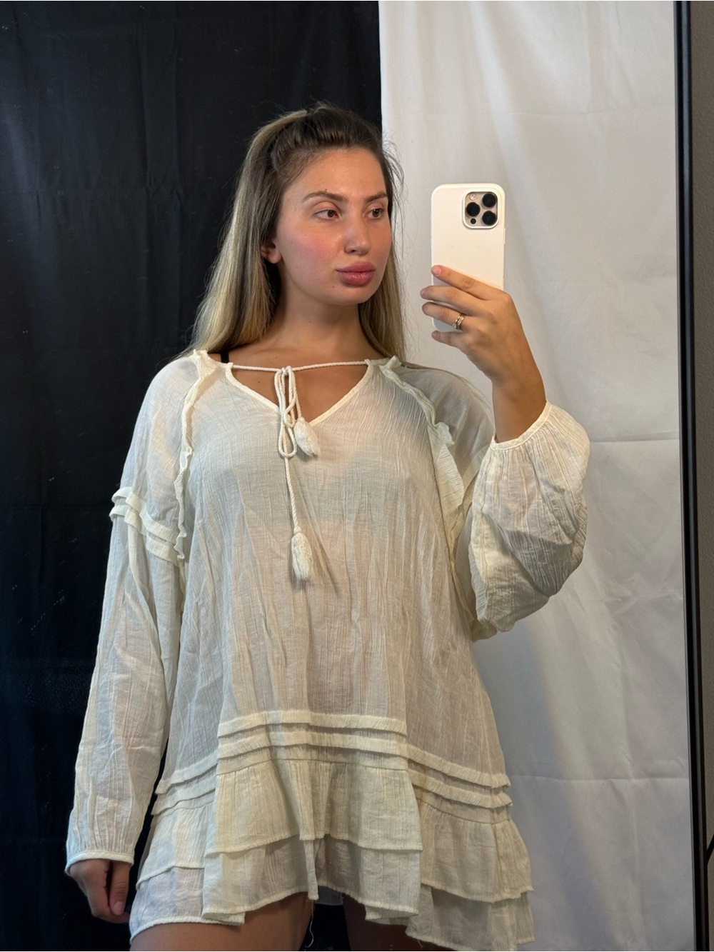 SHEIN Cream Tie-Neck Gauze Tiered Tunic